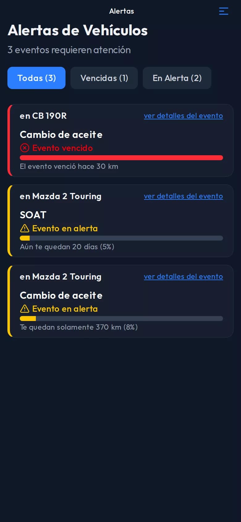 Pantalla de alertas con un cambio de aceite vencido y un SOAT por vencer