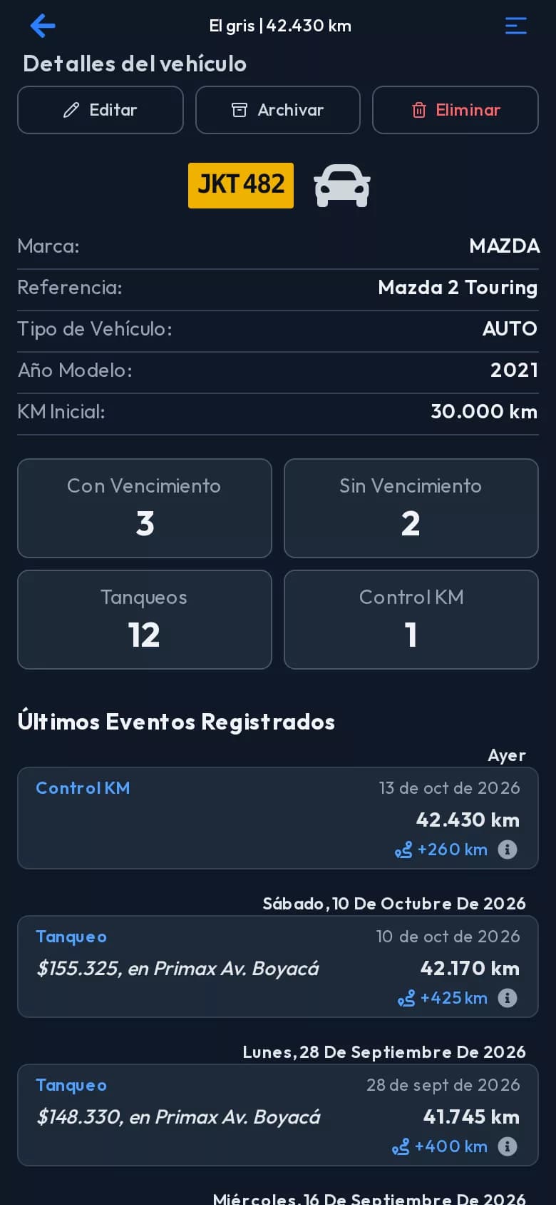 Detalle de un vehículo con sus registros